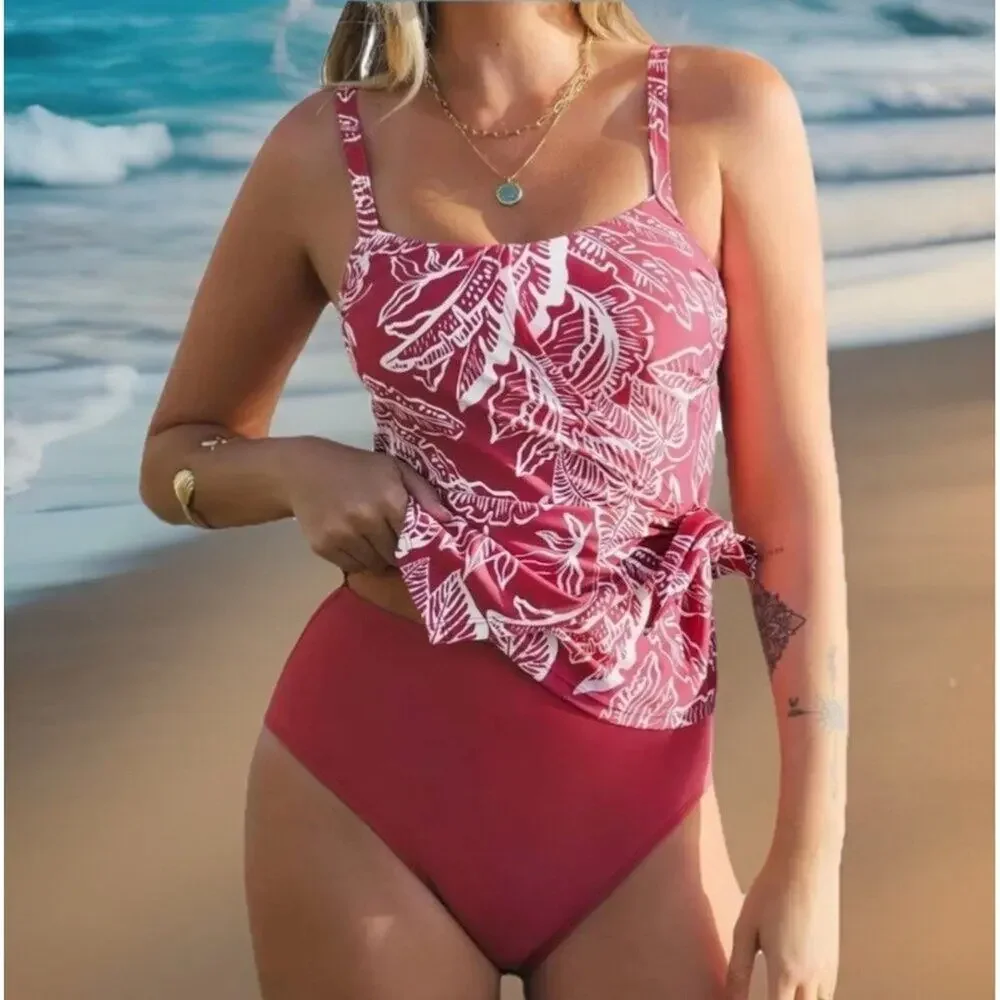 Cupshe Women Red Floral Tankini Set Square Neck Side Tie 2 Piece S